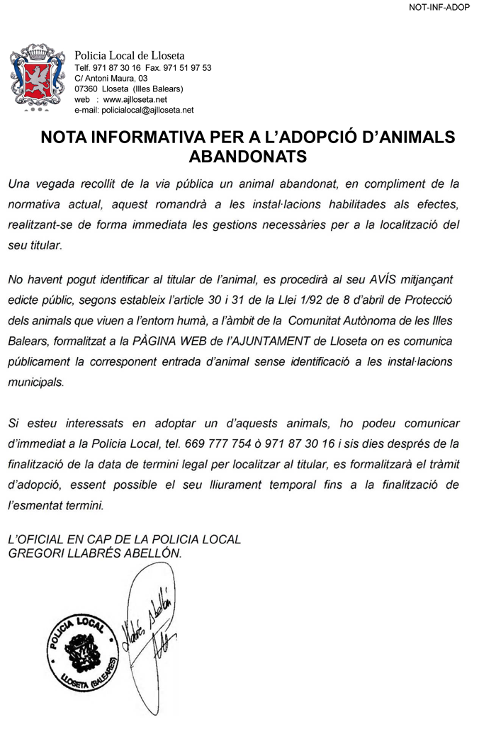 NOTA INFORMATIVA PER A L’ADOPCIÓ D’ANIMALS ABANDONATS