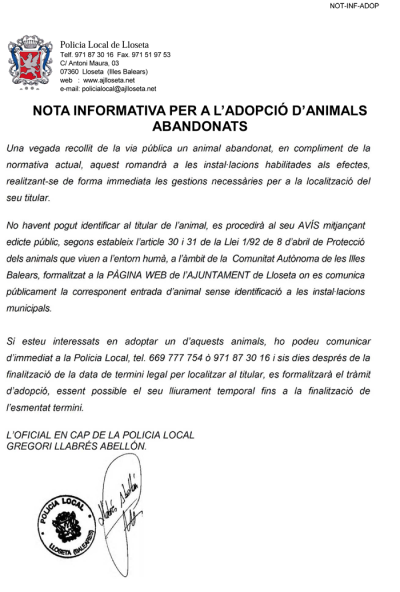 NOTA INFORMATIVA PER A L’ADOPCIÓ D’ANIMALS ABANDONATS